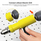 Yellow rivet gun conversion head adapter attached to an electric drill chuck