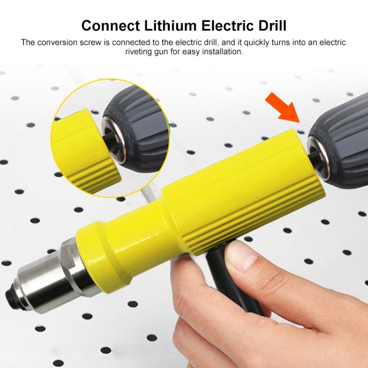 Yellow rivet gun conversion head adapter attached to an electric drill chuck