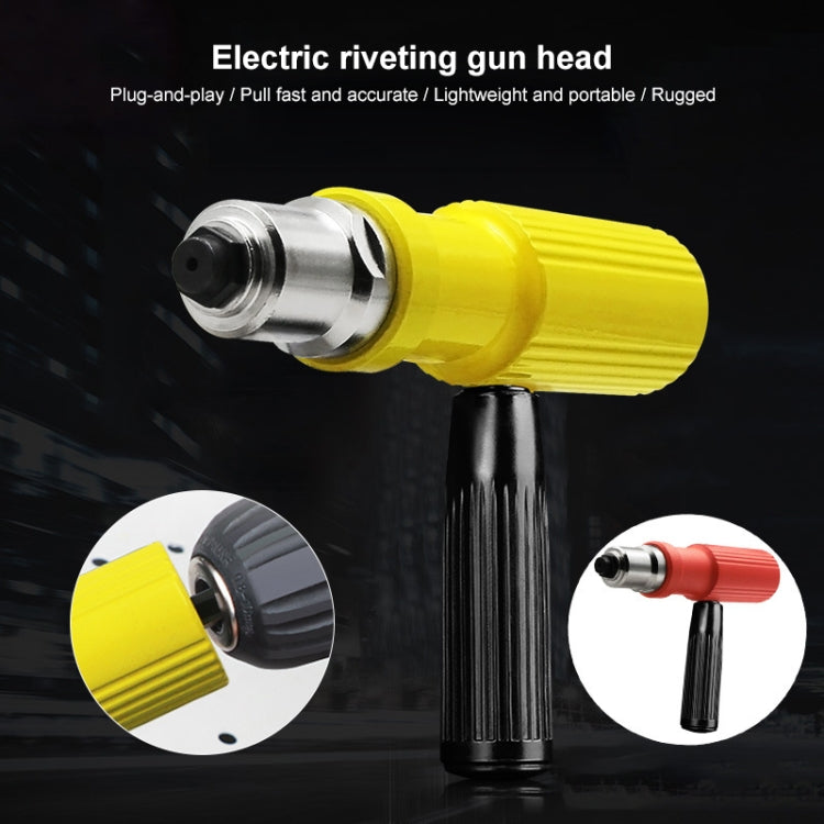 Yellow electric rivet gun head accessory with metal nose cone and black handle