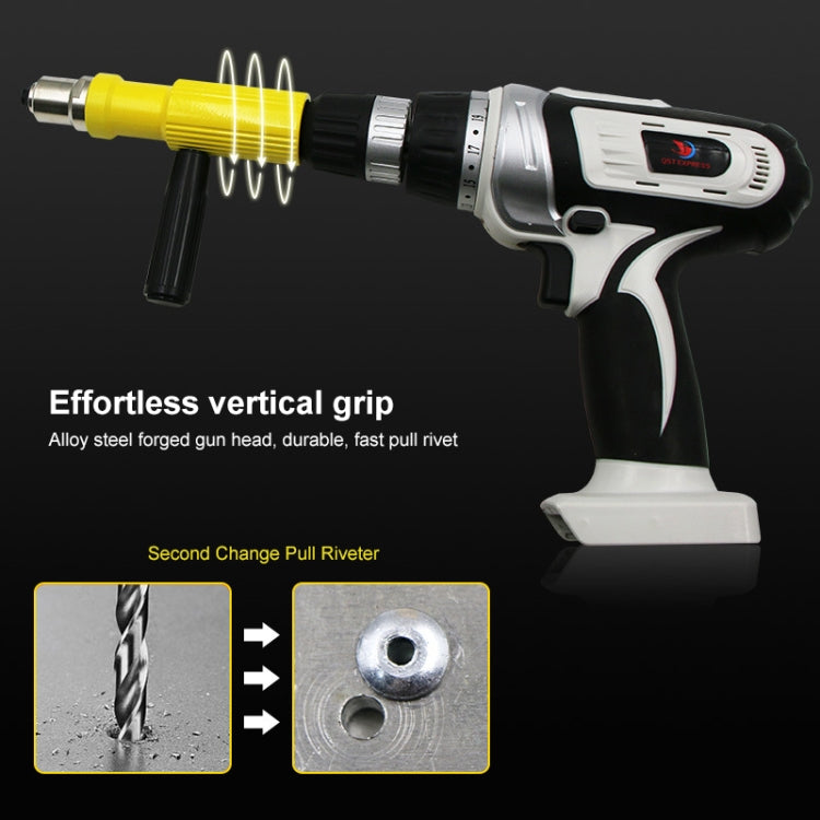 Yellow rivet gun conversion head accessory mounted on a cordless drill-style tool