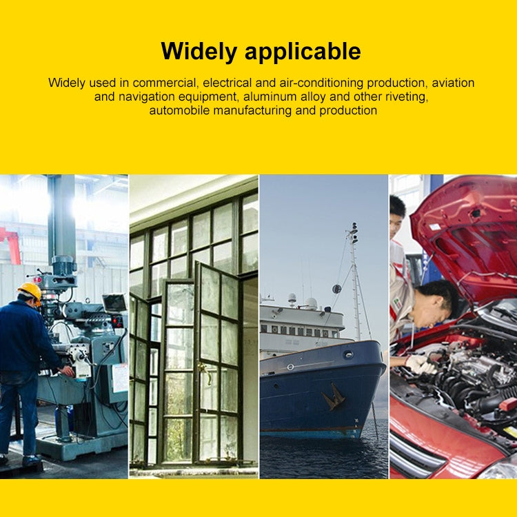 Electric rivet gun conversion head accessory shown with factory application scenes