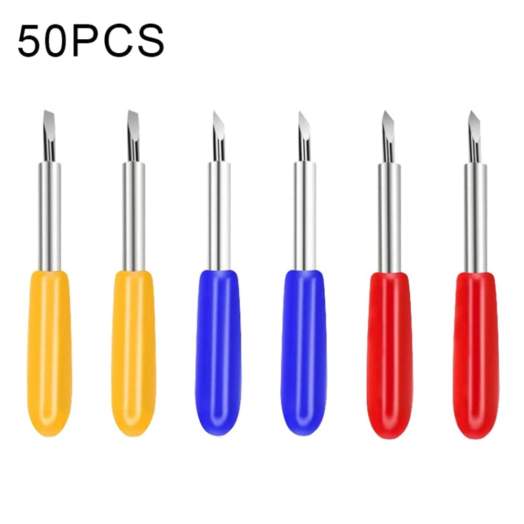 Set of 50 carving tools with metal shanks and yellow, blue, and red plastic handles