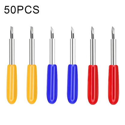 Set of 50 carving tools with metal shanks and yellow, blue, and red plastic handles