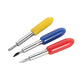 Carving tools with silver metal tips and yellow, blue, and red ergonomic handles
