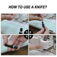 Carving tool with black handle and metal tip, shown being held for cutting