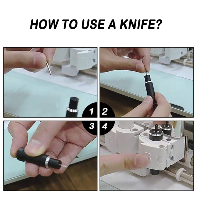 Carving tool with black handle and metal tip, shown being held for cutting