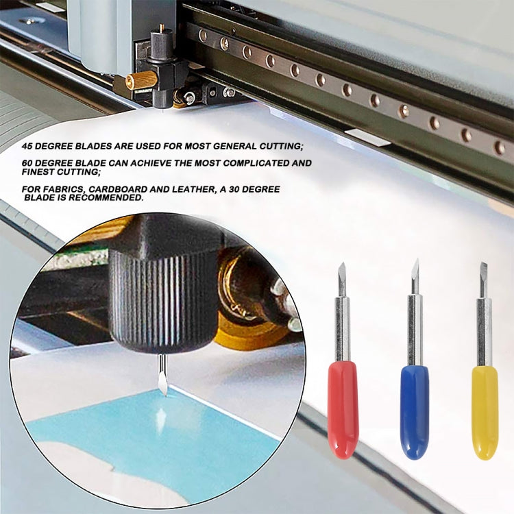 Carving tool blades for a cutting machine, with red, blue, and yellow handles