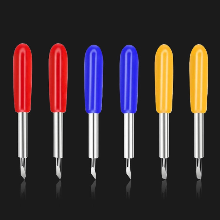Carving tool set with six colored handles (red, blue, yellow) and pointed metal blades