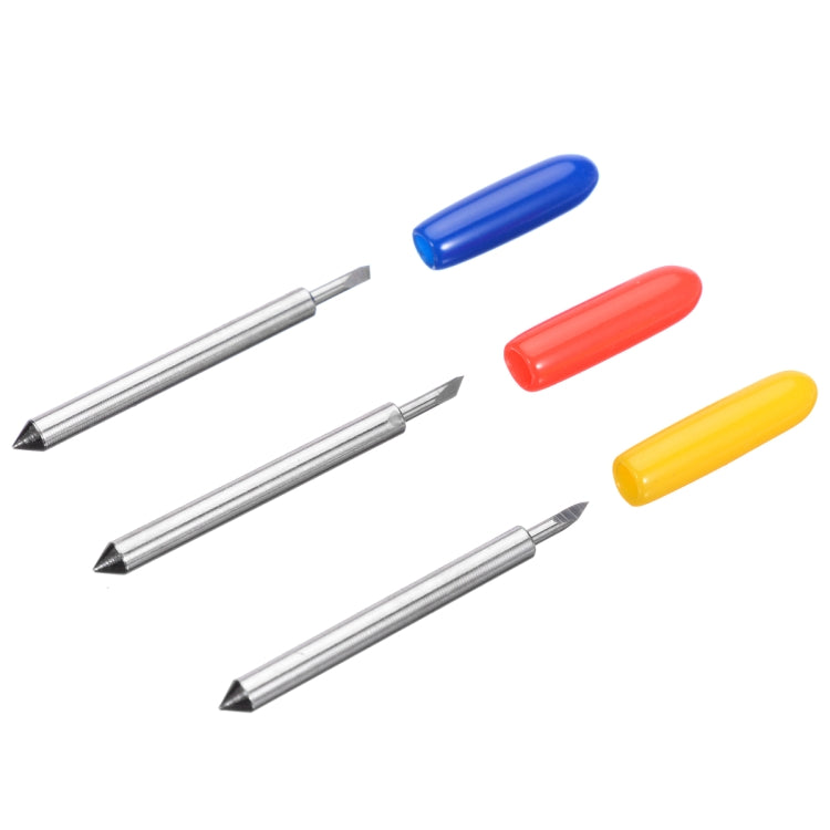 Assorted carving bits with pointed metal tips and blue, red, and yellow handle caps