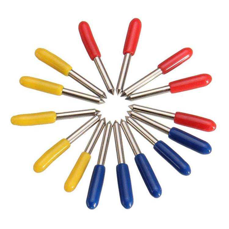 Carving tool set fanned out, featuring silver blades with yellow, red, and blue handles