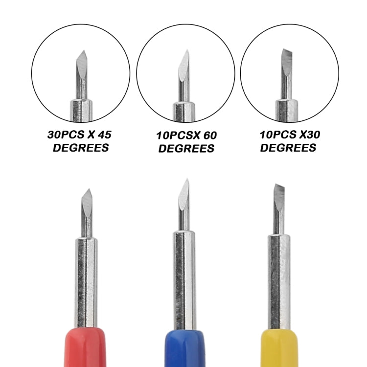 Three carving tools with silver metal tips and red, blue, and yellow handles