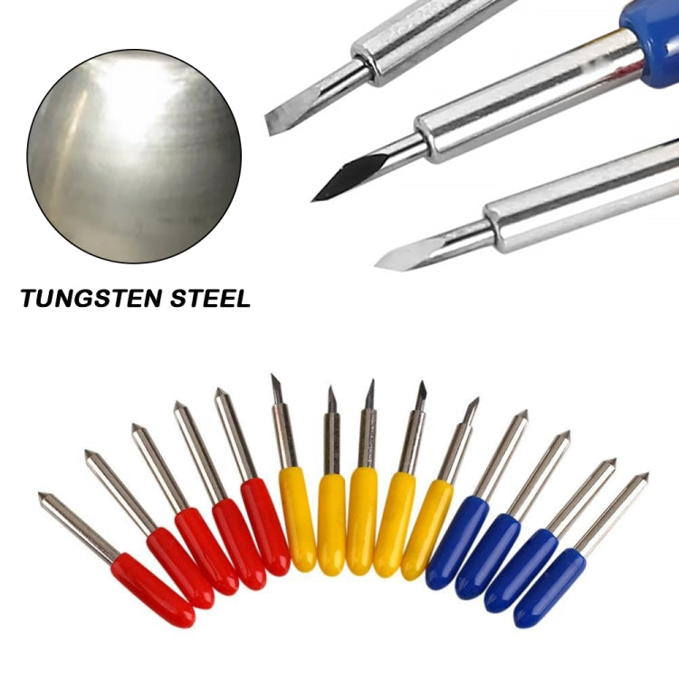 Assorted carving bits with metal tips and colored handles, including blue, red, and yellow