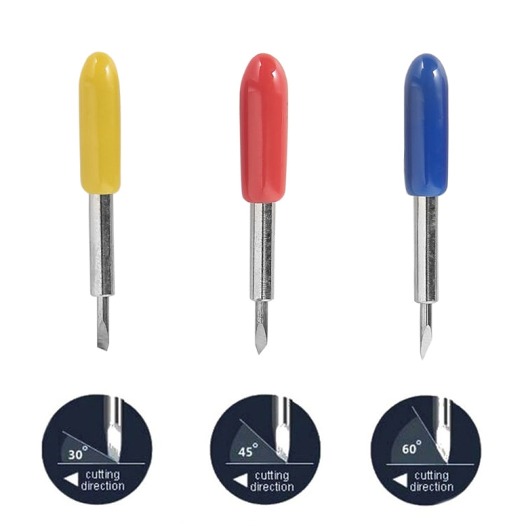 Three carving tools with pointed metal tips and yellow, red, and blue handle sleeves