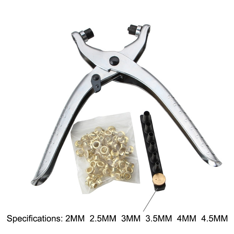 Eyelet compression tool with black dies and brass grommets in pouch