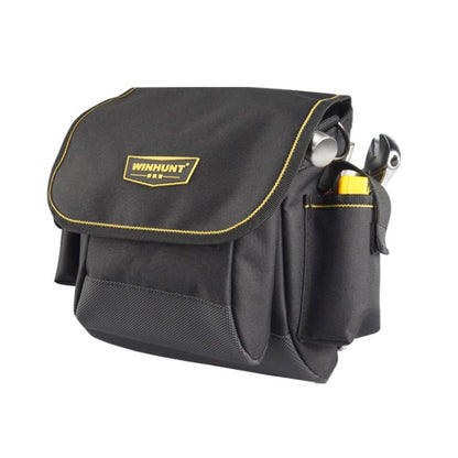 WINHUNT black canvas tool bag with front pockets and yellow-trim logo patch