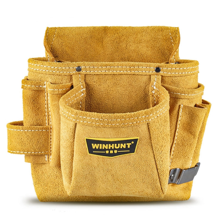 Tan suede tool belt bag with multiple pockets and front logo patch