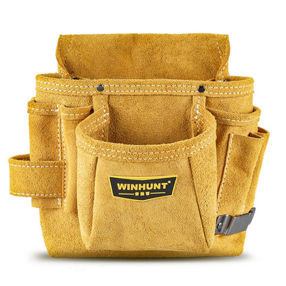 Tan suede tool belt bag with multiple pockets and front logo patch