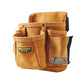 Tan tool belt bag with side pockets, belt loops, and metal snap details