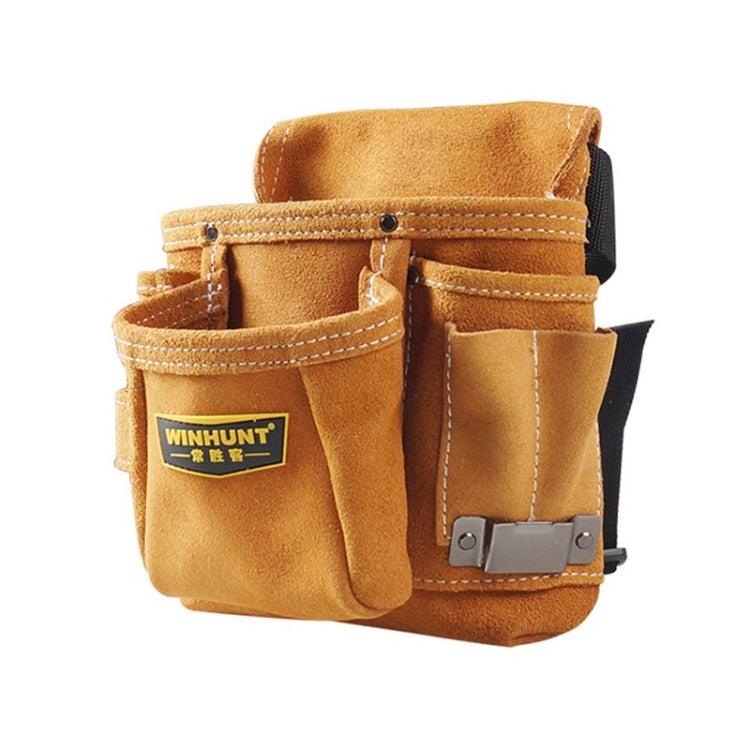 Tan tool belt bag with side pockets, belt loops, and metal snap details