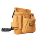 Tan suede tool belt bag with front compartments and black belt strap