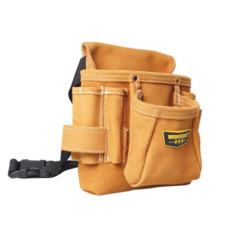 Tan suede tool belt bag with front compartments and black belt strap