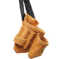 Tan tool belt bag with belt strap and stitched inner pockets
