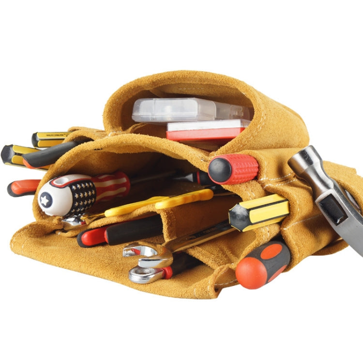 Tan tool belt bag holding assorted hand tools in open compartments