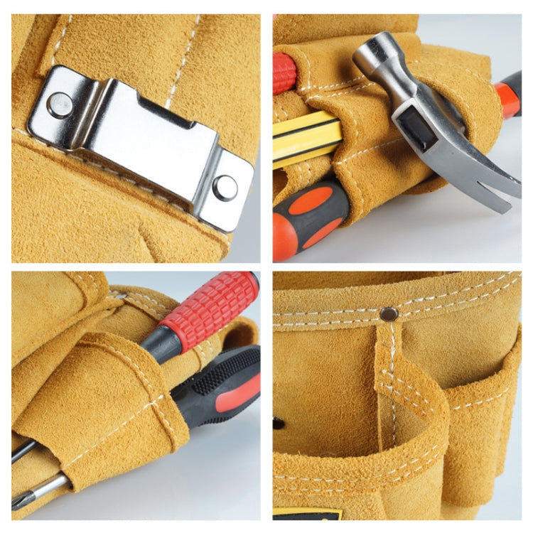 Close-up of tan tool belt bag stitching and metal button strap hardware