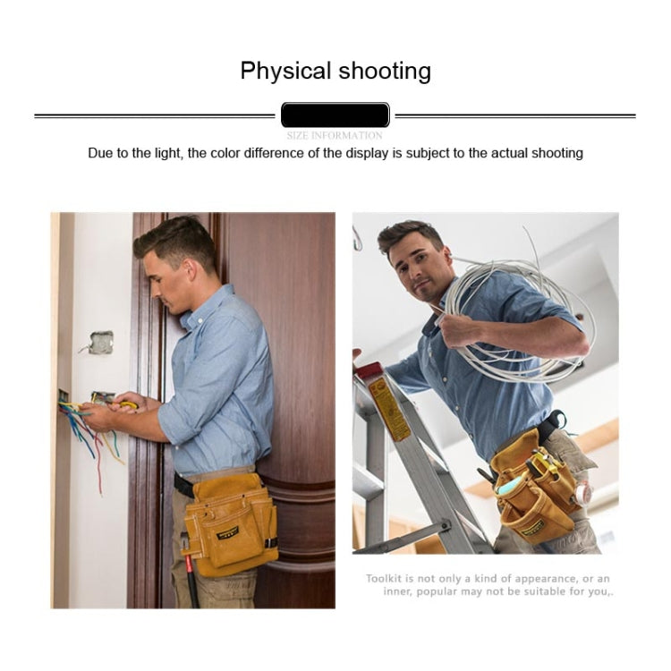 Tan tool belt bag worn by person for wall electrical work