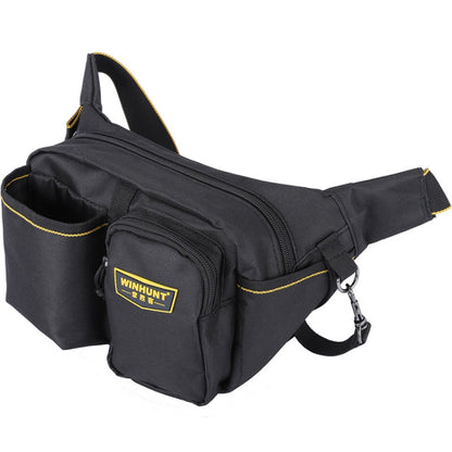 Black canvas waist tool bag with two front zip pockets, yellow stitching, and adjustable strap