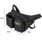 Black tool waist bag with front zip pocket, side storage, yellow trim, and shoulder strap