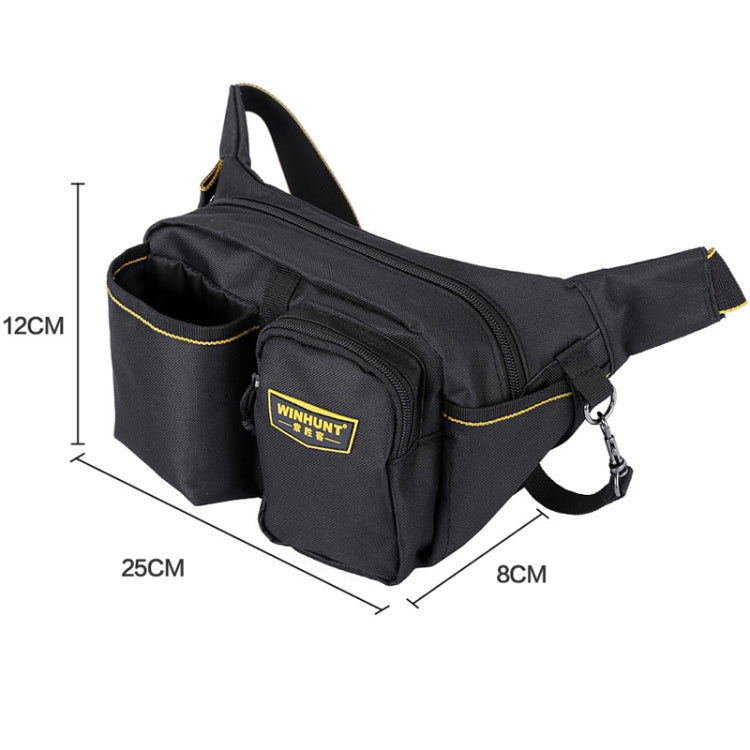 Black tool waist bag with front zip pocket, side storage, yellow trim, and shoulder strap