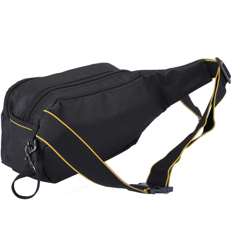 Black canvas crossbody tool bag with long zip compartment, webbing strap, and side handle