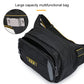 Black multi-pocket tool bag with front zip section, yellow piping, and logo label