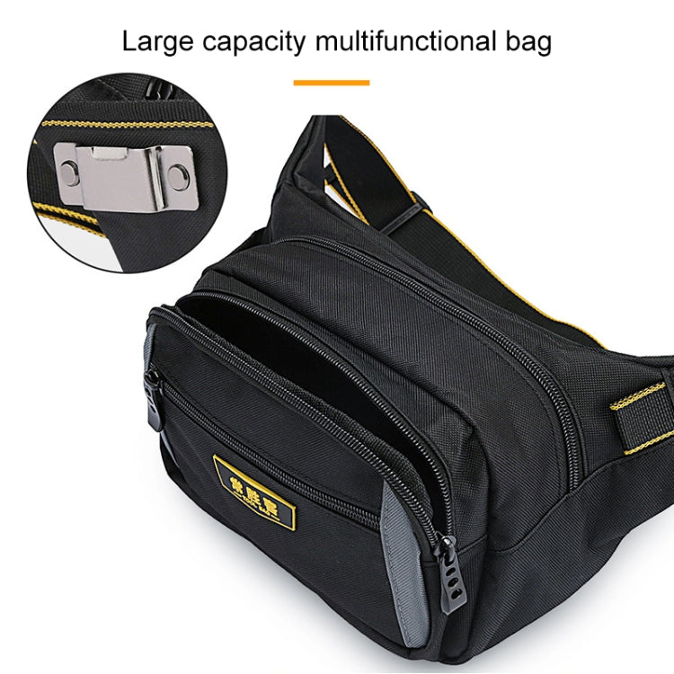Black multi-pocket tool bag with front zip section, yellow piping, and logo label