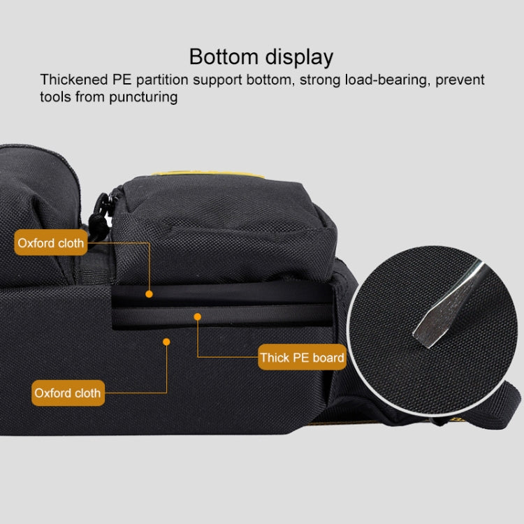 Black canvas tool bag with reinforced base panel and fabric partitions inside