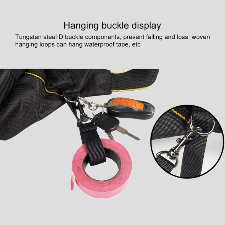 Black tool bag with hanging buckle hardware, metal ring, and strap loops