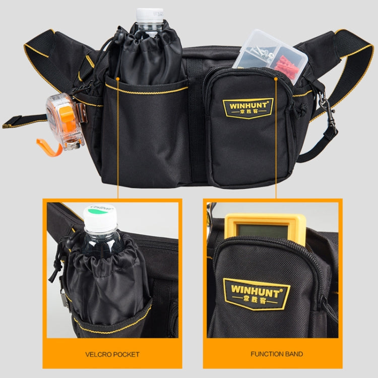 Black canvas waist tool bag with front organizer pocket, elastic side loops, and zipper