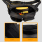 Black waist tool bag with interior compartments and side pockets, open zipper top