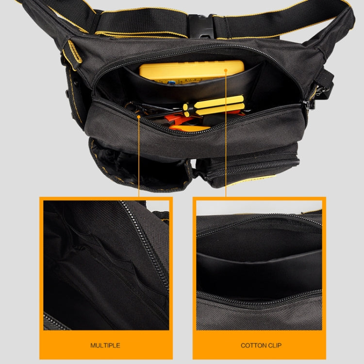 Black waist tool bag with interior compartments and side pockets, open zipper top