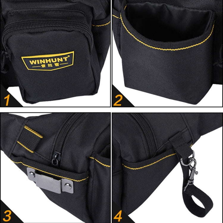 Black tool bag close-up of logo patch, zip pulls, and metal hook attachment
