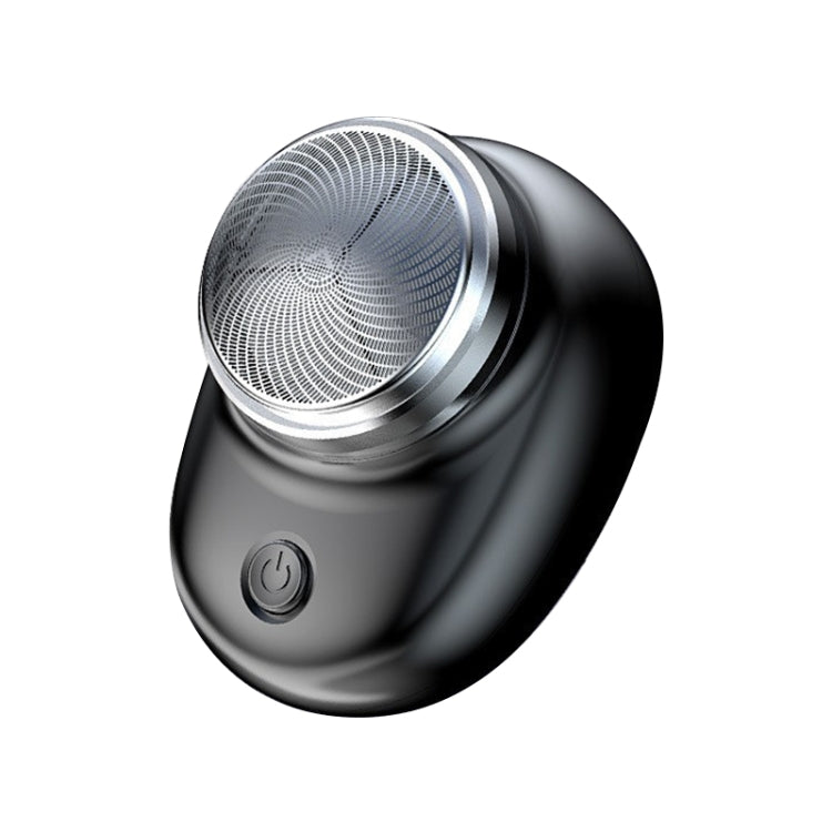 Portable electric foil shaver with circular stainless head and power button, black body.