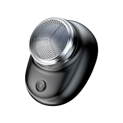 Portable electric foil shaver with circular stainless head and power button, black body.