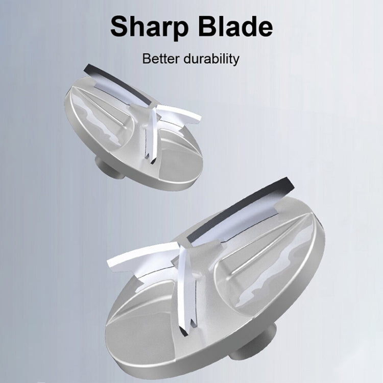 Foil shaver blade assembly detail with silver cutter elements.