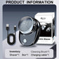 Portable electric shaver bundle with charging cable and cleaning brush, box included.