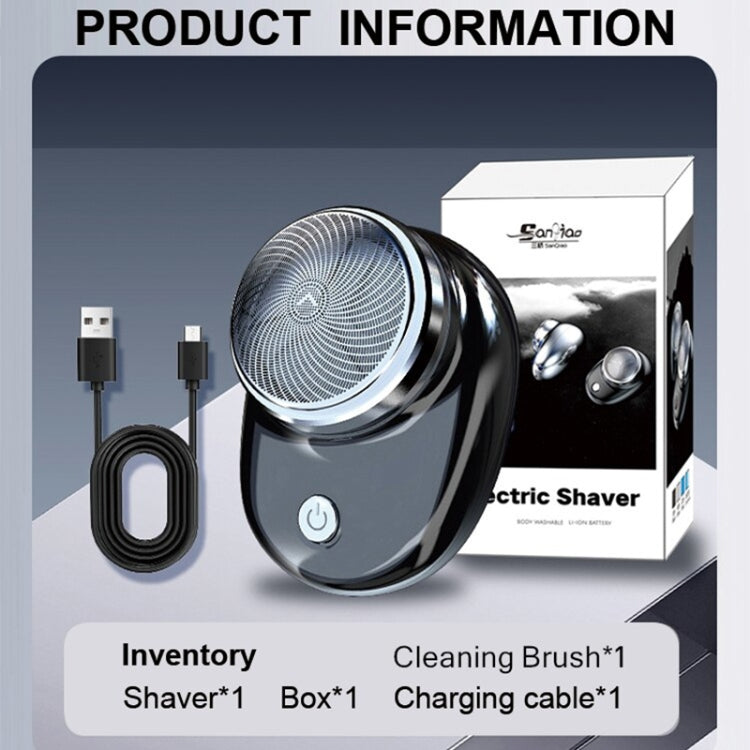 Portable electric shaver bundle with charging cable and cleaning brush, box included.