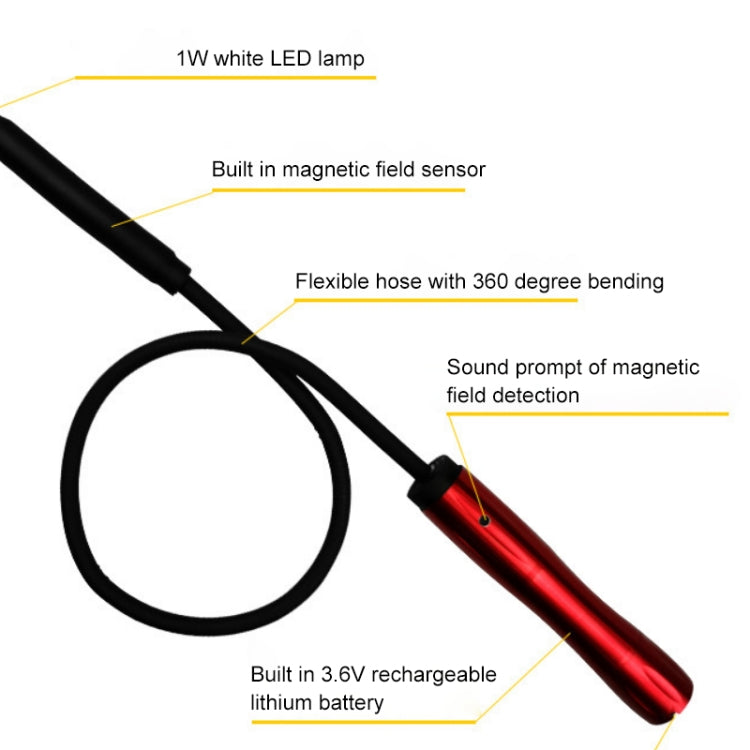Handheld wireless signal detector with flexible cable and red cylindrical body
