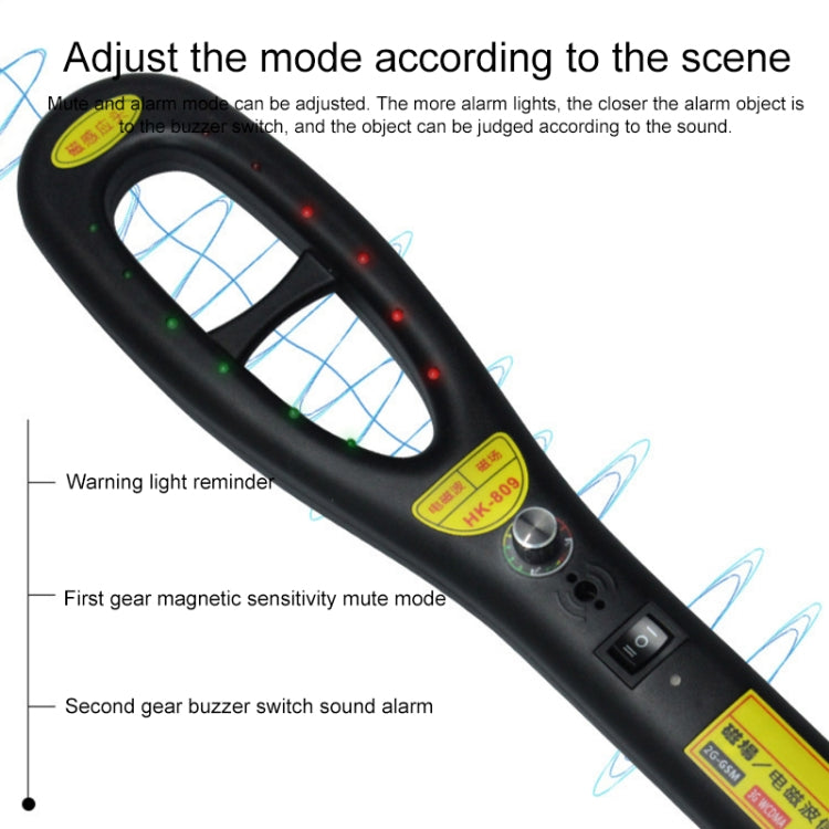 Handheld wireless signal detector with mute/gear controls and indicator light dots