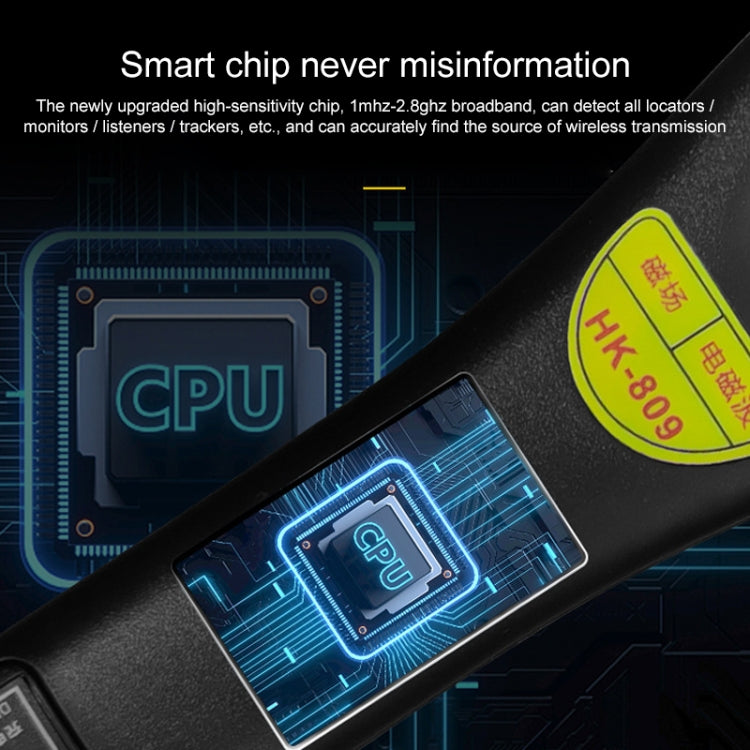 Handheld wireless signal detector with internal CPU chip graphic on the body