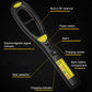 Handheld wireless signal detector highlighting buttons, charging socket, and alarm indicator